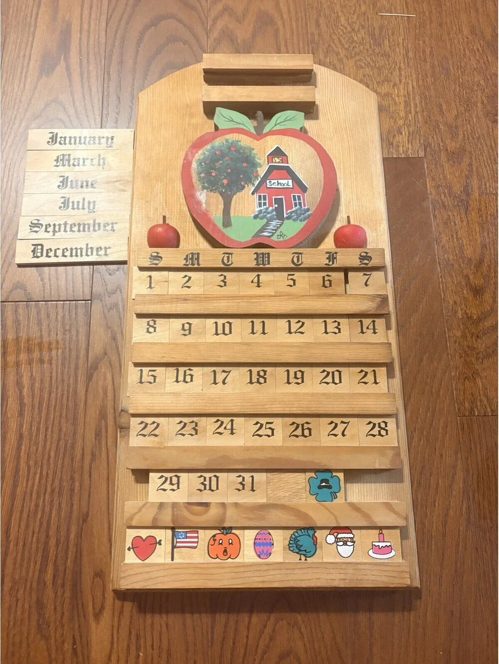 Vtg Wooden Perpetual Calendar Wall Hanging Farmhouse Cottagecore Folk Art